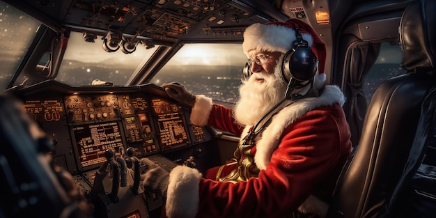 Der Weihnachtsmann begibt sich im Flugzeugcockpit auf eine Reise um die Welt, um Kindern festliche Geschenke zu bringen. KI Generative KI
