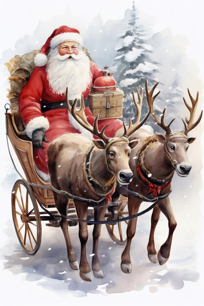 Foto der weihnachtsmann fährt im winter auf einem rentierschlitten aquarell vintage-illustration