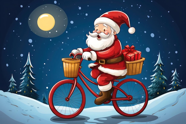 Der Weihnachtsmann fährt im Winter mit dem Fahrrad im verschneiten Wald