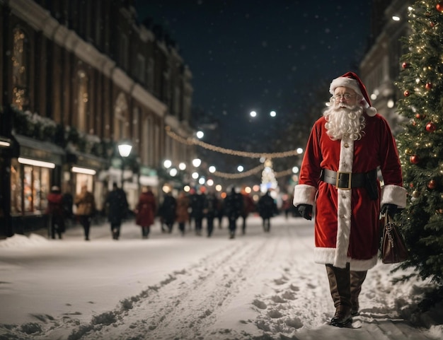 Der Weihnachtsmann geht durch eine Stadt mitten im Schnee