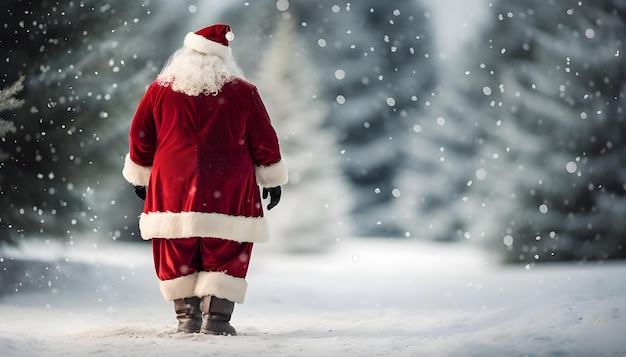 Der Weihnachtsmann geht von hinten durch eine winterliche Landschaft mit Schneeflocken im Hintergrund