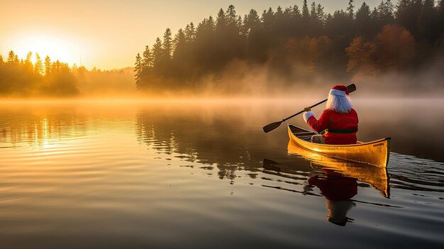 Der Weihnachtsmann genießt einen ruhigen Morgen beim Angeln an einem ruhigen gläsernen See