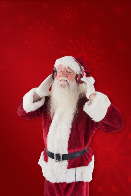 Der Weihnachtsmann genießt etwas Musik vor rotem Hintergrund