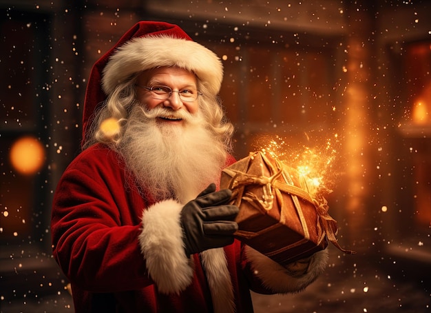 Der Weihnachtsmann gibt ein Weihnachtsgeschenk Weihnachtsszene im Winterurlaub mit magischen Geschenken und vom Weihnachtsmann generierter KI