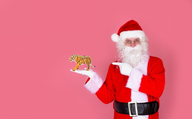 Der Weihnachtsmann hält das Symbol des Jahres 2022 Spielzeug Tiger