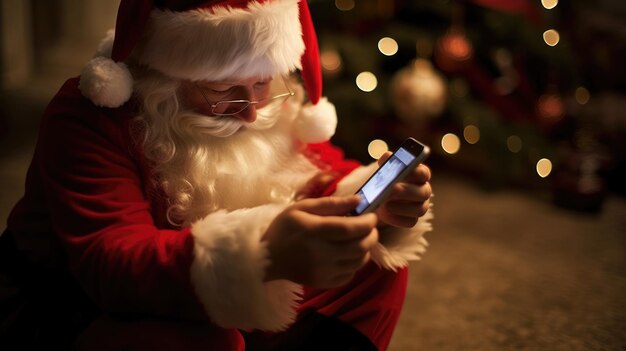 Der Weihnachtsmann hält ein Telefon