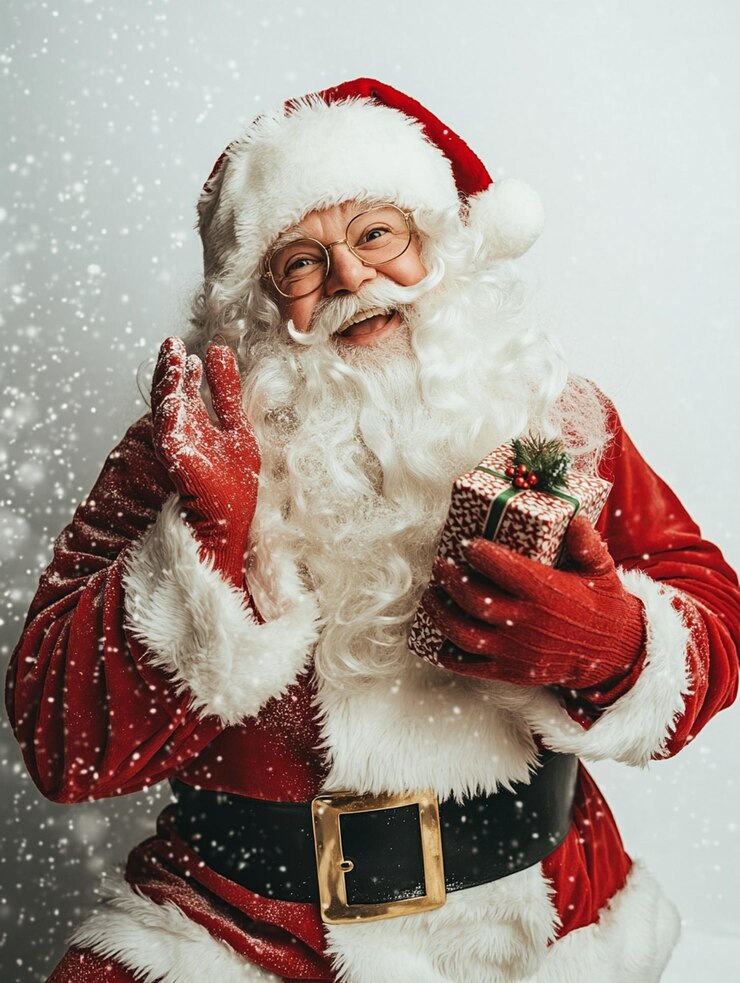 Der Weihnachtsmann hält ein weihnachtliches Geschenk und fängt einen klassischen und fröhlichen Ausdruck ein
