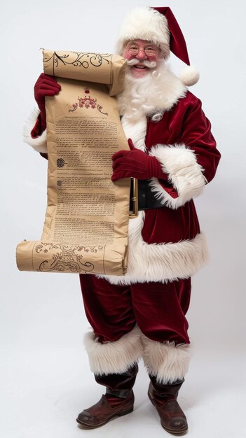 Der Weihnachtsmann hält eine lange Wunschliste mit einem Lächeln auf weißem Hintergrund