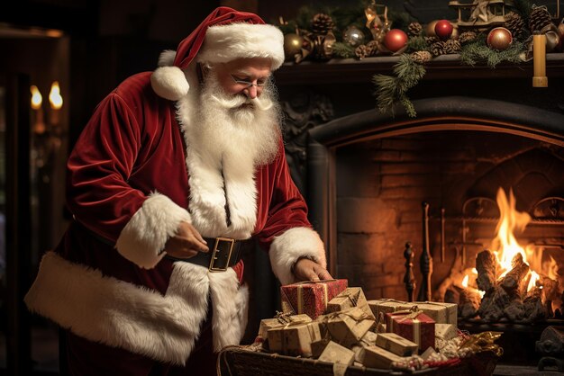 Foto der weihnachtsmann hinterlässt die geschenke in der nähe des kamin