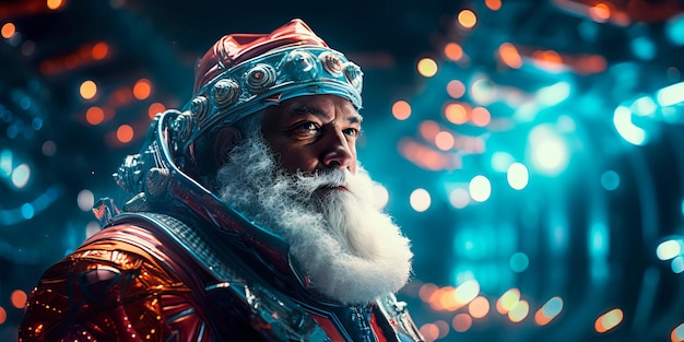 Der Weihnachtsmann in einem futuristischen Weltraumanzug, umgeben von kosmischen Elementen, verbindet die Magie von Weihnachten mit einem Hauch von Science-Fiction