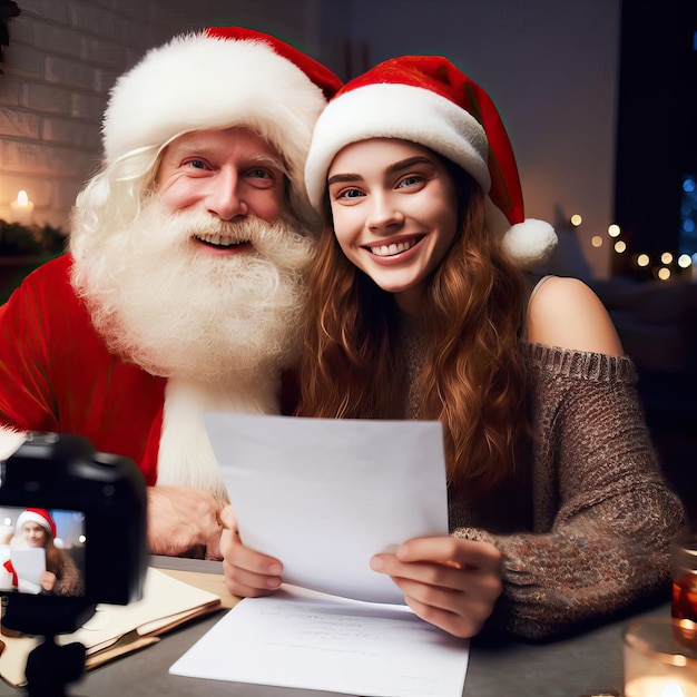 Der Weihnachtsmann in seinem ikonischen roten Anzug und weißem Bart lächelt mit fallendem Schnee Generative KI