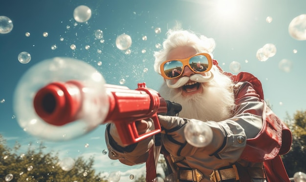 Der Weihnachtsmann in verspielter Stimmung erzeugt mit einer Seifenblasenpistole Seifenblasen AI Generative
