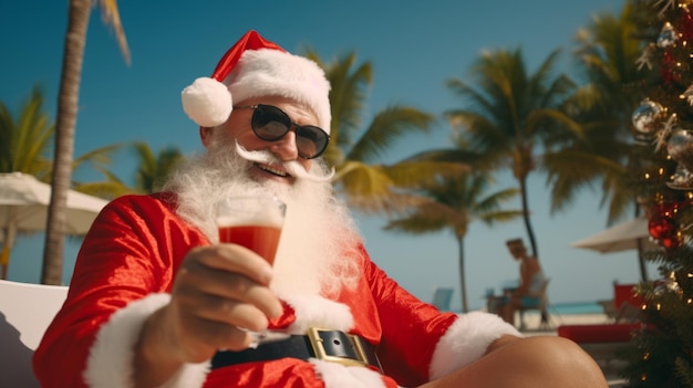 Der Weihnachtsmann ist im Urlaub. Der Weihnachtsmann am Meeresstrand. Mit einem Cocktail in der Hand. Weihnachtsferien