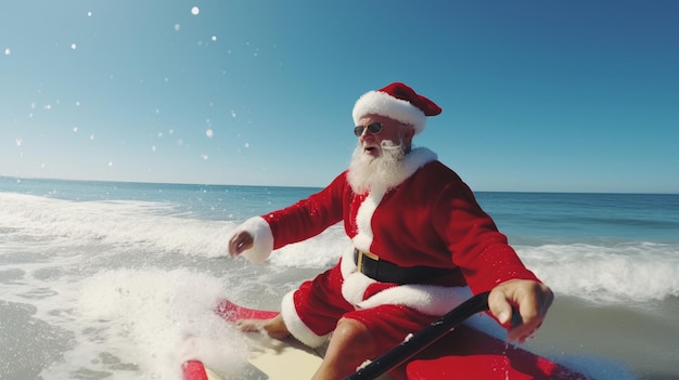 Der Weihnachtsmann ist im Urlaub, der Weihnachtsmann am Meeresstrand und surft in den Weihnachtsferien