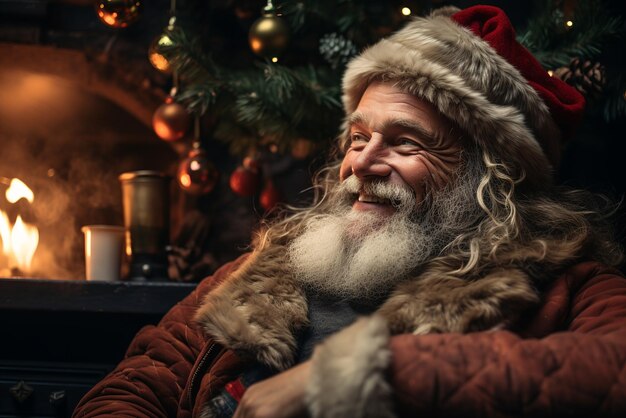 Foto der weihnachtsmann lacht und sitzt in der nähe des kamin