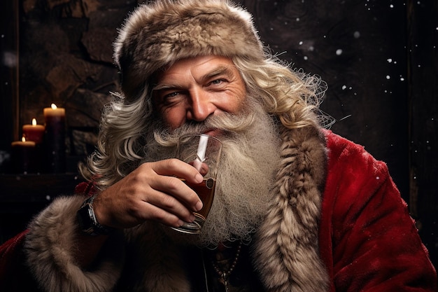 Der Weihnachtsmann mit einem Glas Whisky. Der fröhliche und lustige Großvater Frost wünscht Ihnen am Vorabend des neuen Jahres schöne Feiertage. Die Wintervorstellung ist amüsant