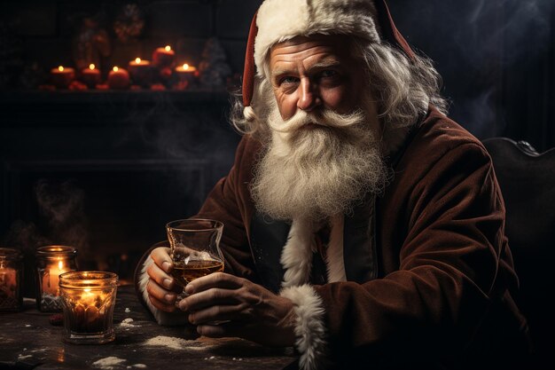 Der Weihnachtsmann mit einem Glas Whisky. Der fröhliche und lustige Großvater Frost wünscht Ihnen am Vorabend des neuen Jahres schöne Feiertage. Die Wintervorstellung ist amüsant