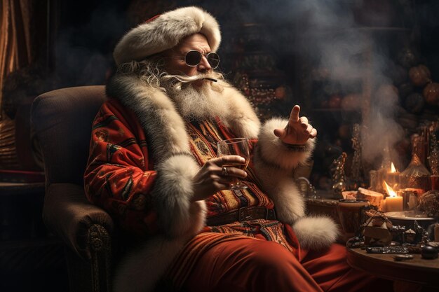 Der Weihnachtsmann mit einem Glas Whisky. Der fröhliche und lustige Großvater Frost wünscht Ihnen am Vorabend des neuen Jahres schöne Feiertage. Die Wintervorstellung ist amüsant