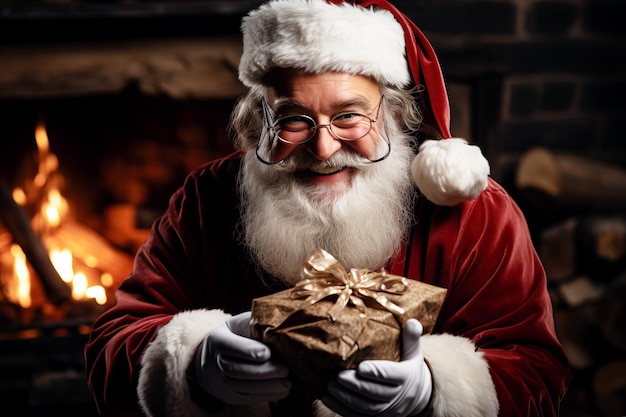 Der Weihnachtsmann mit einem Weihnachtsgeschenk in der Hand in einem gemütlichen Zimmer am Kamin