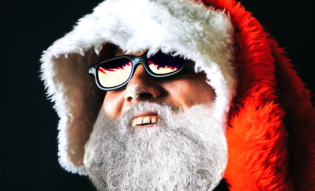 Der Weihnachtsmann mit Hut und Sonnenbrille lacht. Feier-Konzept. 2020 neues Jahr.