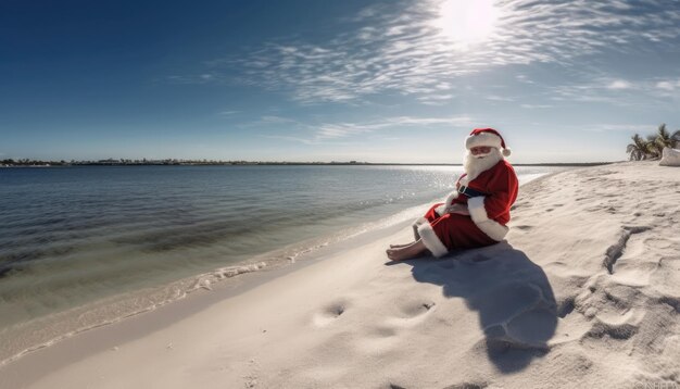 Foto der weihnachtsmann ruht sich am meer aus. generative ki