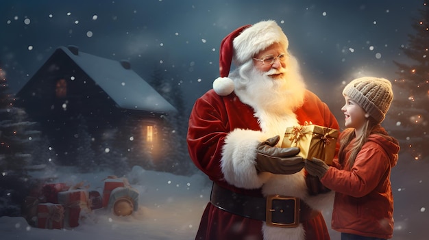 Der Weihnachtsmann schenkt einem kleinen Mädchen im Dezember ein Weihnachtsgeschenk
