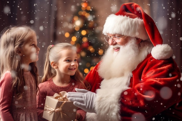 Der Weihnachtsmann schenkt zwei Mädchen zur Weihnachtsfeier ein Geschenk