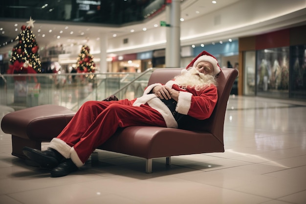 Der Weihnachtsmann schläft auf einem Sofa in einem Einkaufszentrum Generative KI