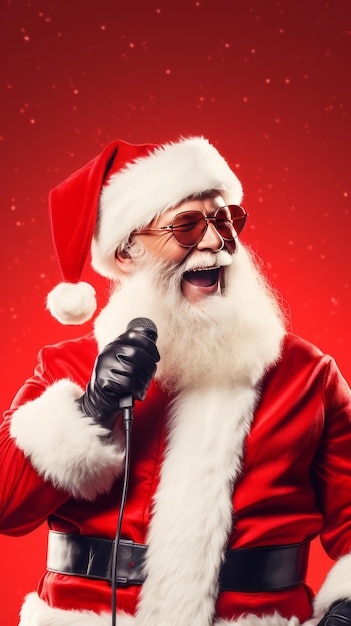 Foto der weihnachtsmann singt gerne karaoke in ein mikrofon vor einem roten hintergrund und lässt platz für text