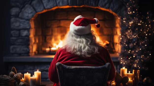 Foto der weihnachtsmann sitzt in einem gemütlichen sessel neben einem knisternden kaminfeuer