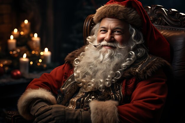 Foto der weihnachtsmann sitzt in einem schönen zimmer neben dem kamin mit einem sack geschenke
