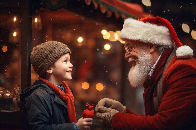 Foto der weihnachtsmann spricht mit dem kleinen jungen beim winterfestival weihnachtsferienkonzept generative ki