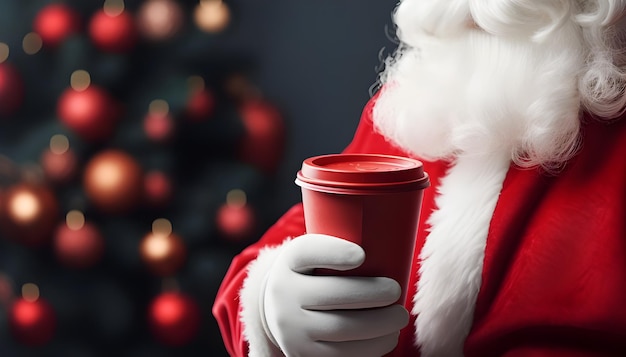 Der Weihnachtsmann trinkt Kaffee mit Lichtern im Hintergrund