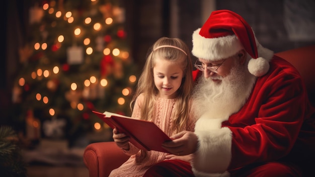Der Weihnachtsmann und ein kleines Mädchen lesen ein Buch über Neujahr und Weihnachten.