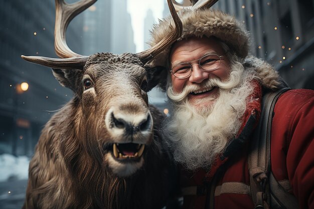 Der Weihnachtsmann und seine Rentiere machen ein Selfie zusammen in der Stadt