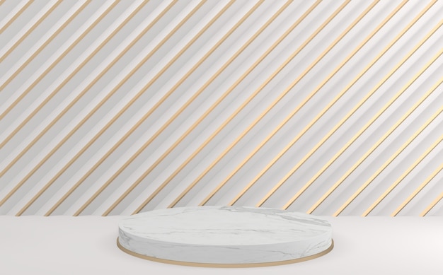 Der weiß-goldene Hintergrund und das leere Mini-White-Circle-Podium. 3D-Rendering