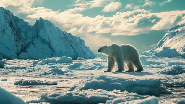 Der weiße Eisbär, der inmitten eines eisigen Berges unter der Sonne spazieren geht