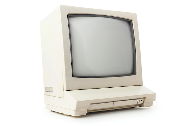 Der weiße Monitor aus den frühen Tagen der Personalcomputers, isoliert auf einem weißen Hintergrund