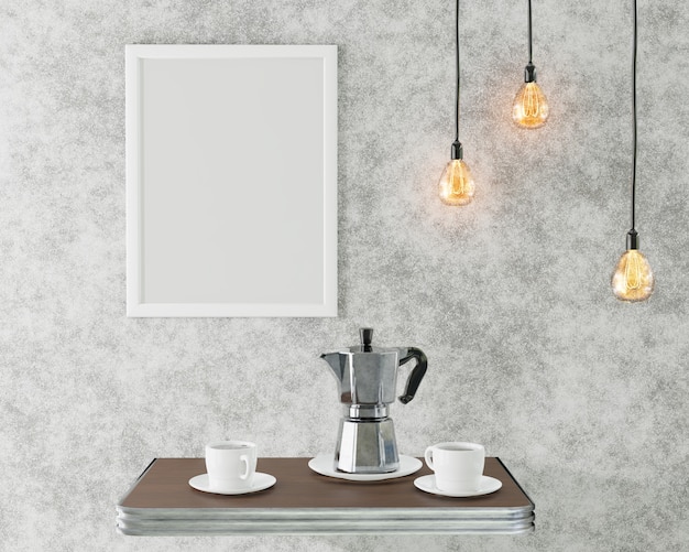 Der weiße Rahmen für das Bild im Loft-Interieur. Konzeptionelles Café. 3D-Rendering