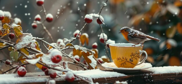 Der Winter berührt schneebedeckte Beeren und Robin auf einem Teetasse