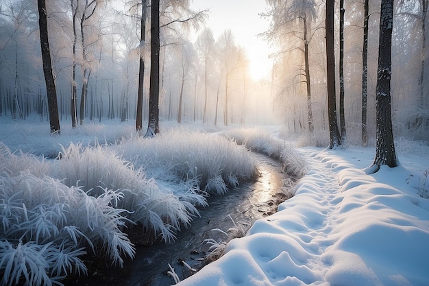 Der Winter ist gekommen Der erste Schnee, der Frost Morgen Spaziergang Schnee Eis Wald Selektive Fokus Hochwertiges Foto