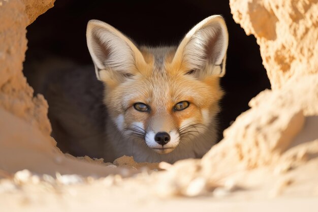 Der Wüstenfuchs blickt mit leuchtenden Augen aus seinem Bau hervor