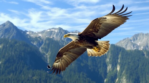 Der wunderschöne amerikanische Adler fliegt über die hohen Berge