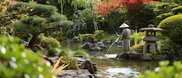 Foto der zärtliche hausmeister pflegt einen japanischen garten