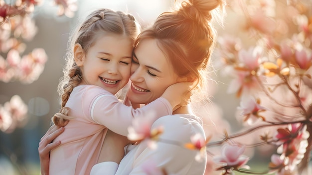 Der zärtliche Moment des Glücks, als sich Mutter und Tochter in einem blühenden Frühlingsgarten umarmen, die Familie, die Liebe und die Freude der Kindheit, gefasst im warmen Sonnenlicht, perfekt für Mutterstag-Promotionen, KI.