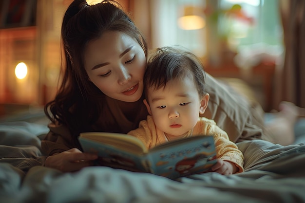 Der zärtliche Moment, in dem Mutter und Kind zu Hause eine Gutenachtgeschichte genießen