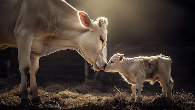 Der zärtliche Moment zwischen Kuh und Kalb in einer rustikalen Umgebung, der mütterliche Zuneigung und das Bauernleben veranschaulicht, verbessert die ruhige Szene.