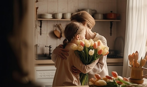 Der zärtliche Sohn küsst die glückliche Mutter und schenkt ihr einen Strauß Tulpen, um ihr zur generativen KI zum Muttertag zu gratulieren