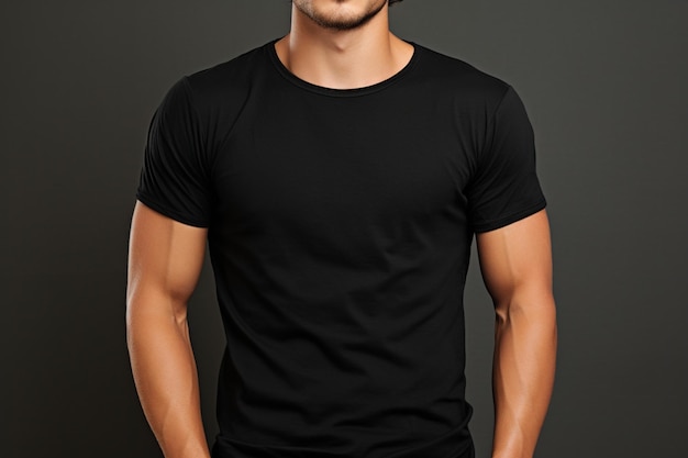 Der zeitlose Komfortmann zeigt Leichtigkeit in einem schlichten schwarzen T-Shirt und strahlt lässiges Selbstvertrauen aus