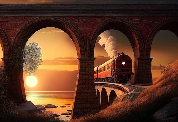 Der Zug fährt bei Sonnenuntergang über eine wunderschöne gewölbte Brücke